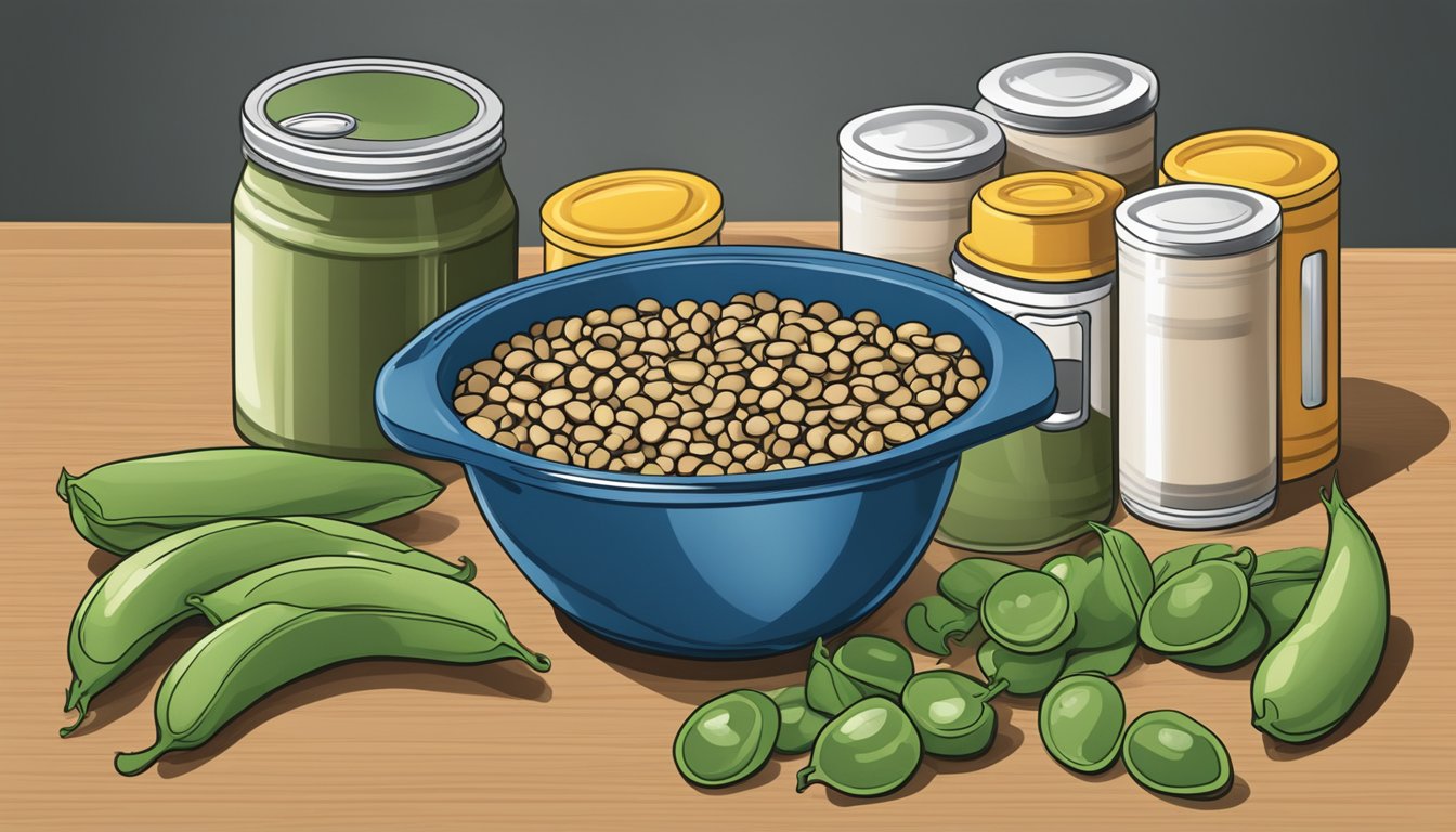 A can of black-eyed peas, surrounded by loose peas, a measuring cup, and a scale