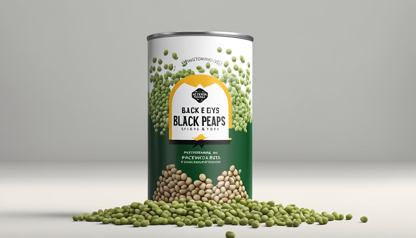 A can of black-eyed peas sits on a white countertop, surrounded by scattered peas. The label displays the nutritional information