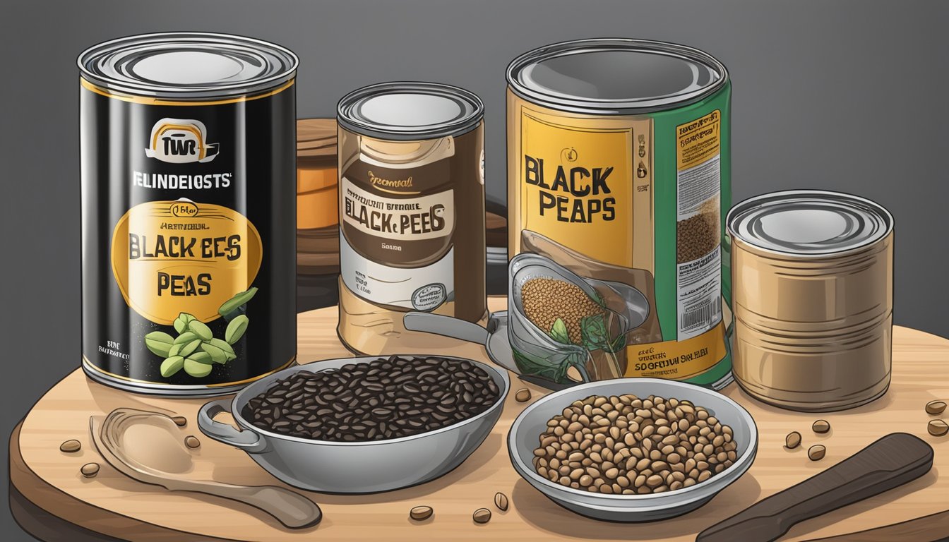 A can of black-eyed peas sits on a kitchen counter, surrounded by various cooking utensils and ingredients