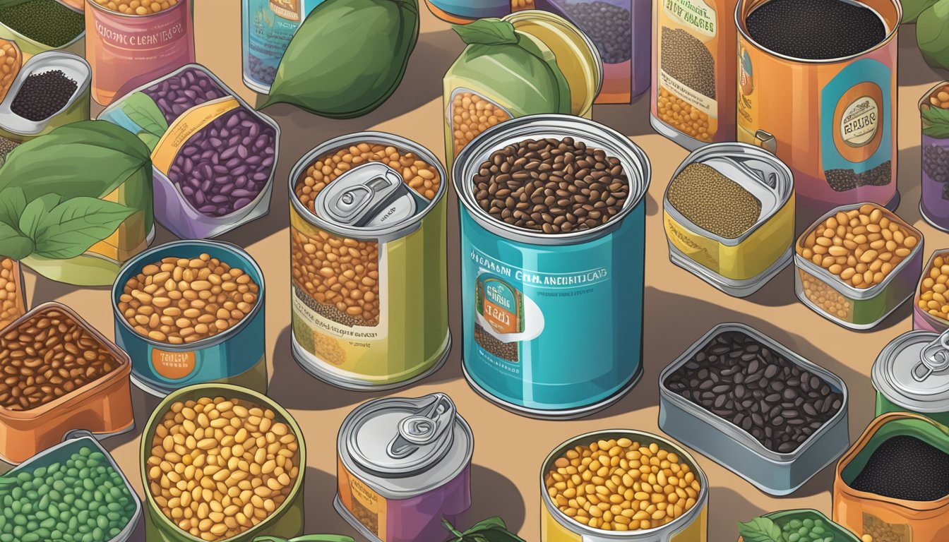 A can of black eyed peas sits on a kitchen counter, surrounded by various other bean varieties in colorful packaging