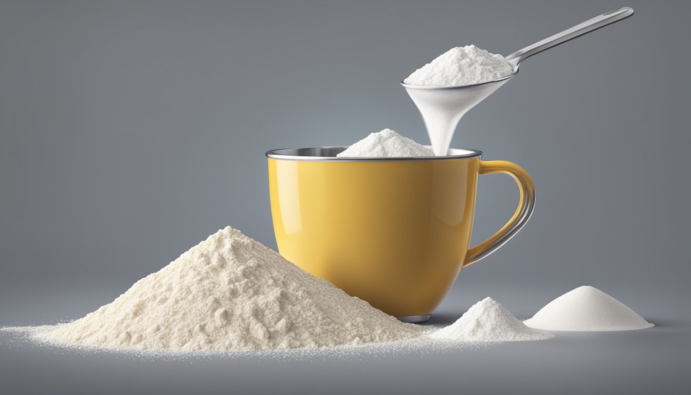 A pound of self-rising flour pouring into a measuring cup, with tablespoons lined up next to it for comparison