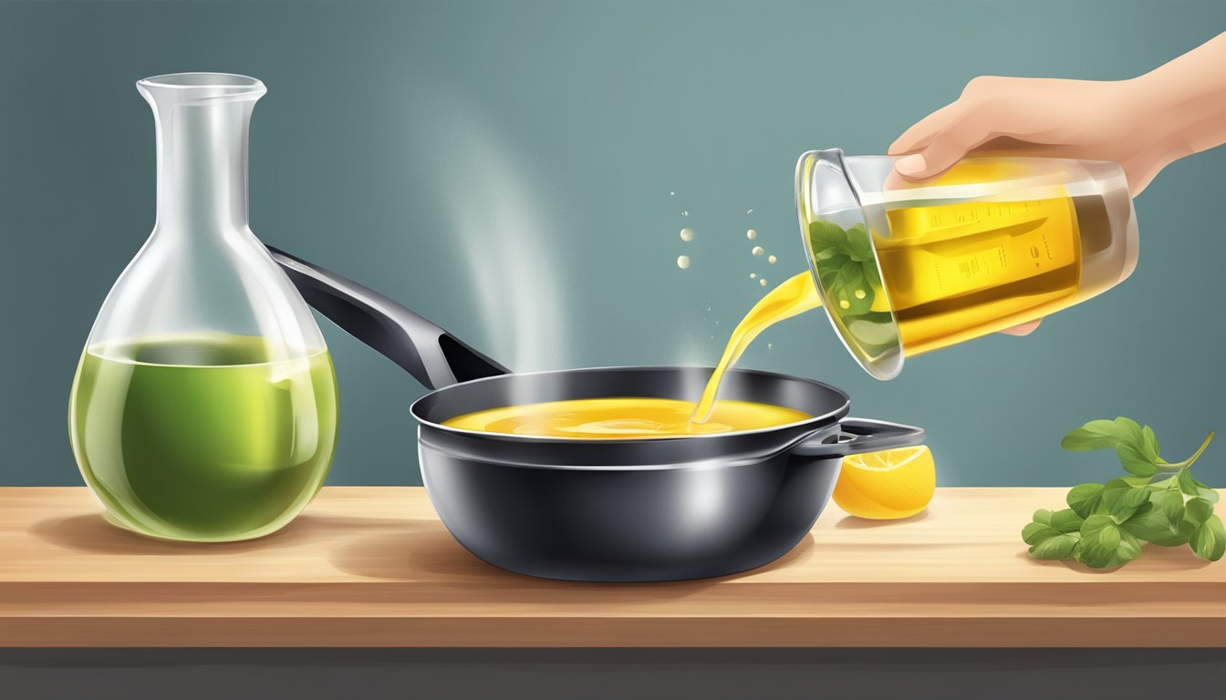 A measuring cup pouring oil into a frying pan