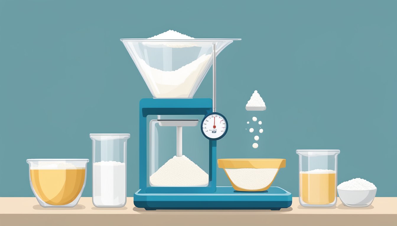 A measuring cup filled with self-rising flour pouring into a digital scale, showing the weight in pounds and the corresponding measurement in tablespoons