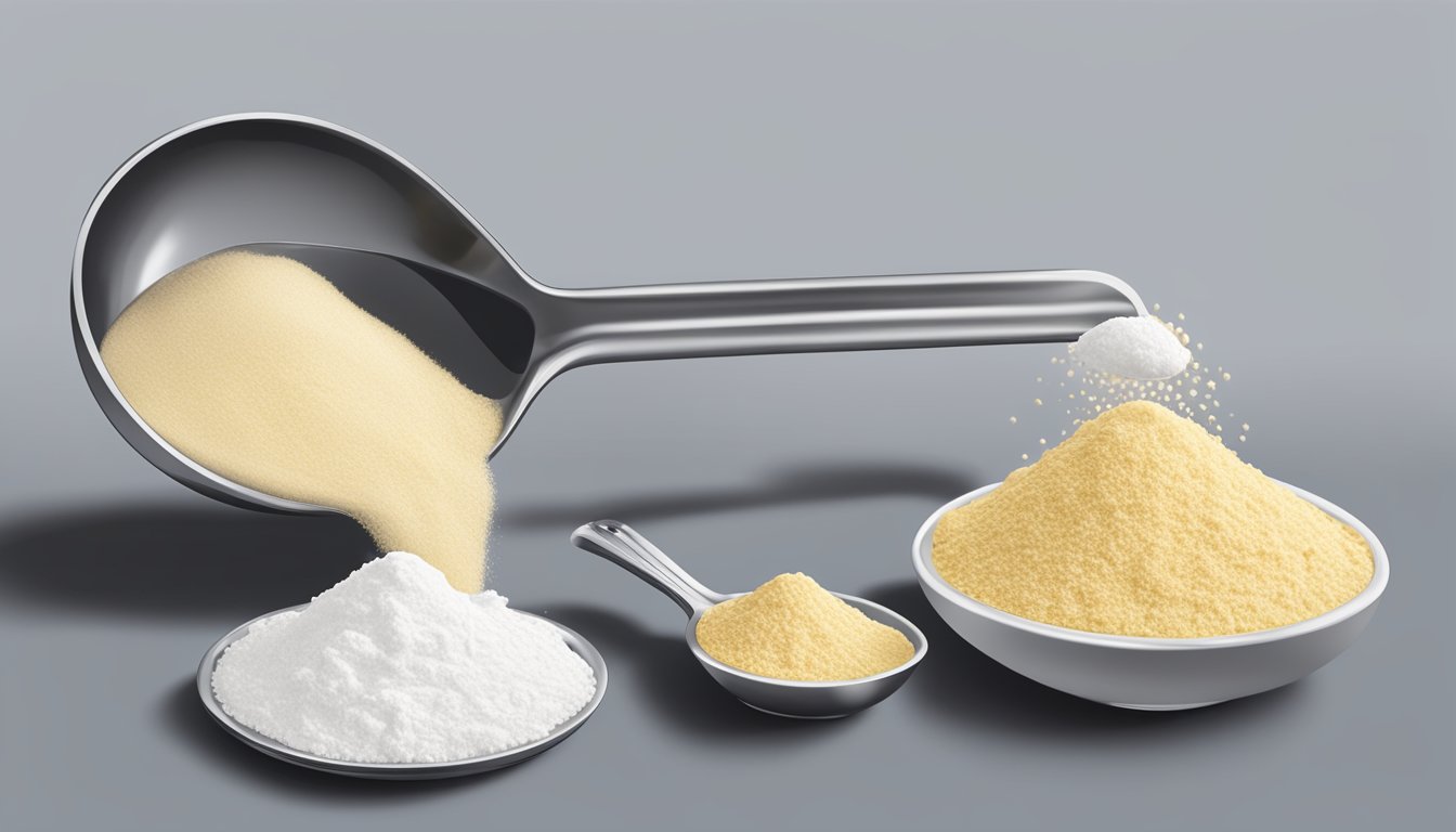 A pound of self-rising flour pouring into a measuring spoon, with additional spoons nearby for comparison