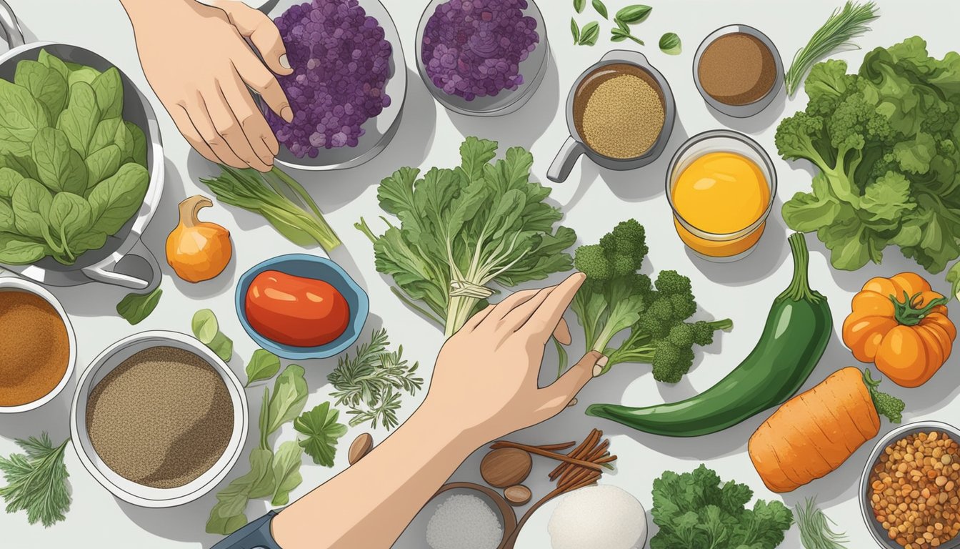 A hand reaching for various ingredients on a kitchen counter, including vegetables, herbs, and spices, with measuring cups and spoons nearby