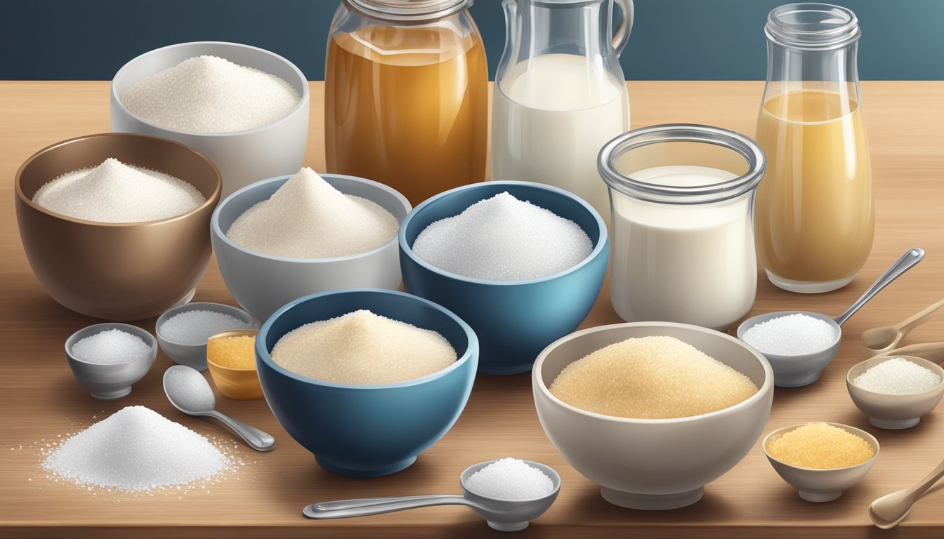 A table with various measuring cups and spoons, surrounded by bowls of sugar, milk, cream, and vanilla extract