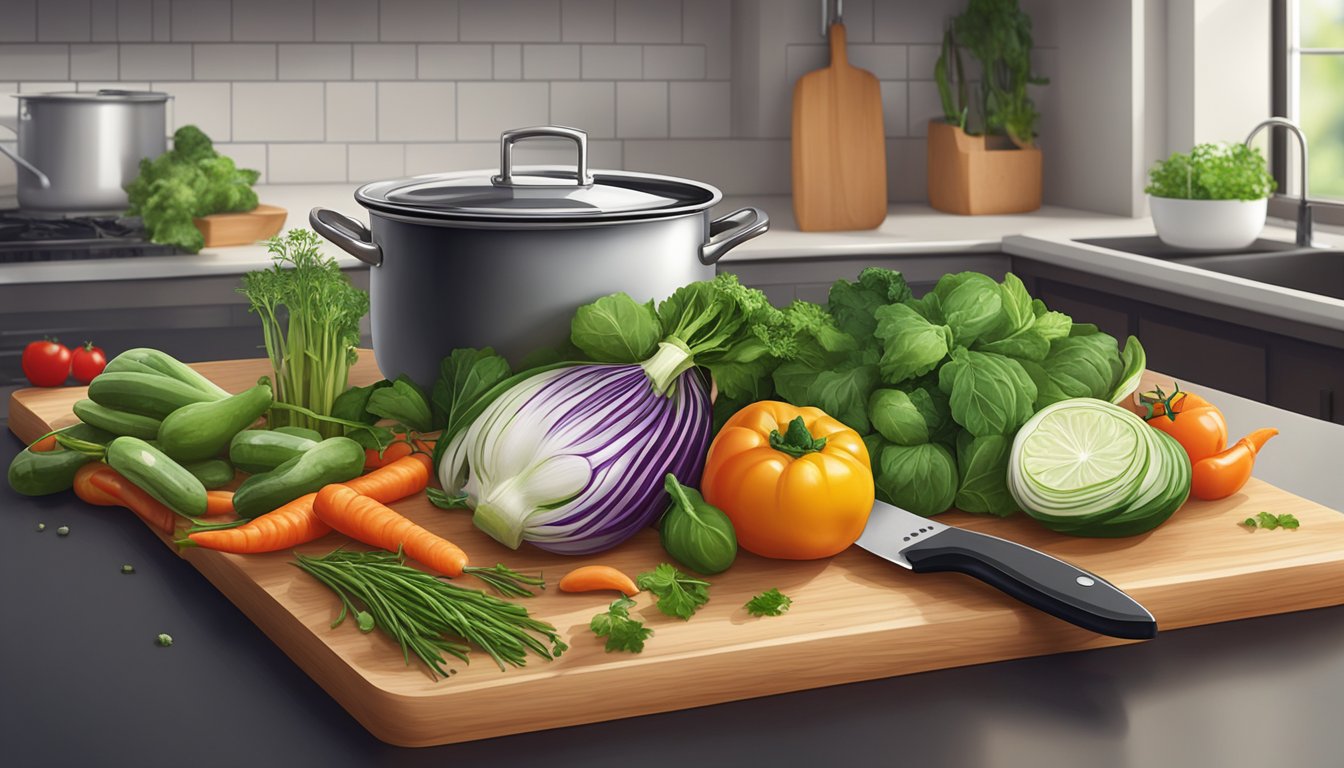 Various fresh vegetables and herbs are arranged on a cutting board, with a chef's knife and measuring spoons nearby. A pot of water simmers on the stove in the background