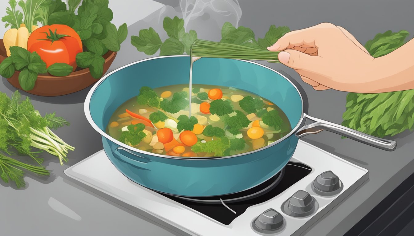 A hand pouring precise measurements of herbs and vegetables into a simmering pot of broth on a stovetop