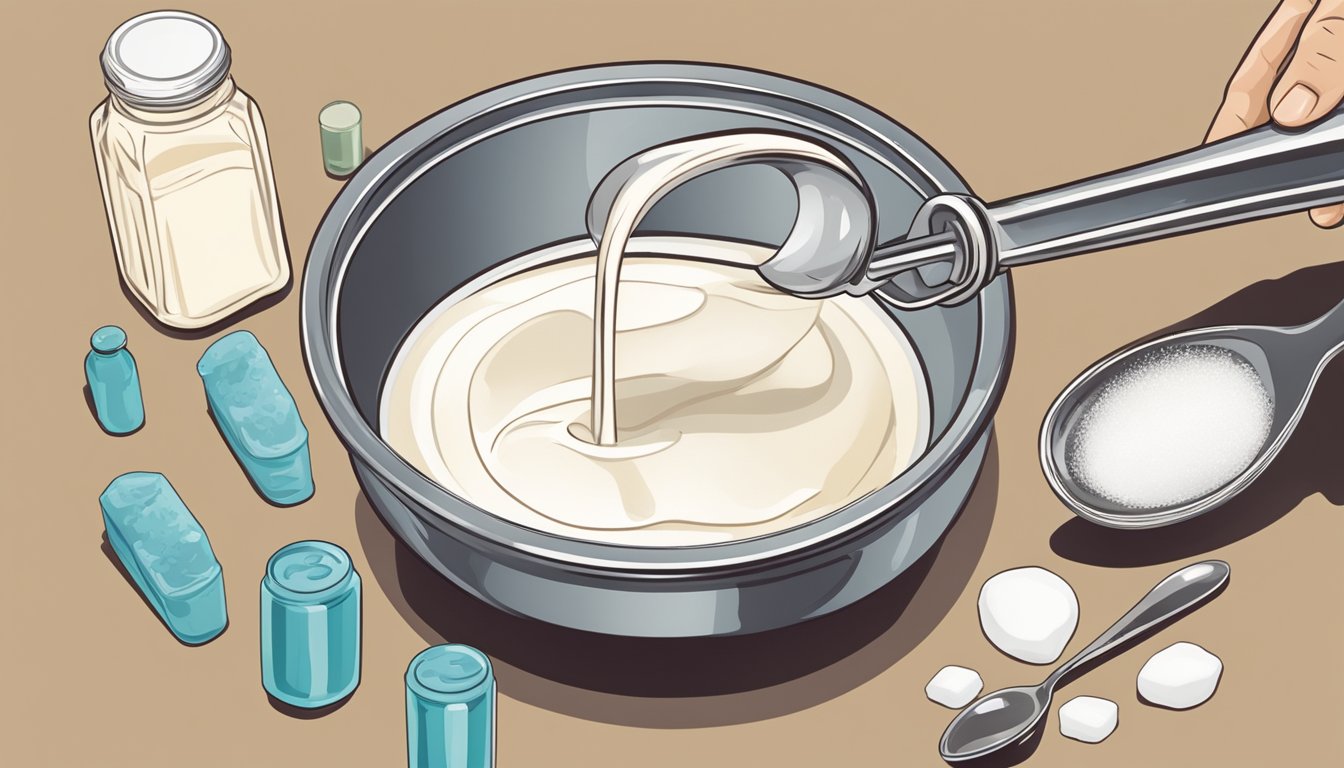 A hand pouring milk into a measuring cup, while a spoon scoops out vanilla extract from a bottle. A bowl of sugar sits nearby