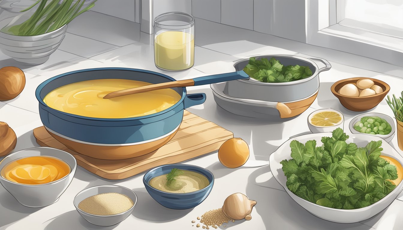 A measuring cup pouring broth into a pot with various ingredients laid out on a kitchen counter