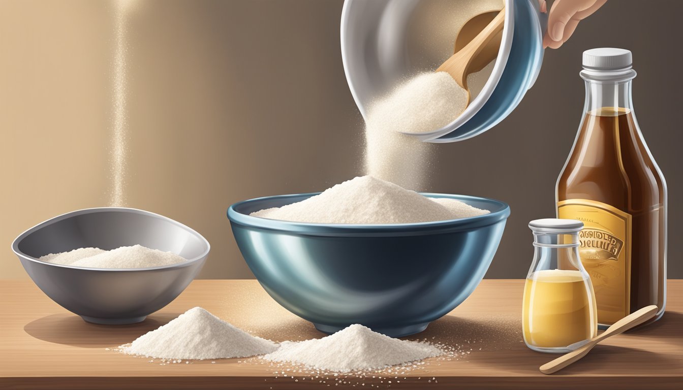 A measuring cup pouring flour into a mixing bowl, with a separate bowl of sugar and a bottle of vanilla extract nearby