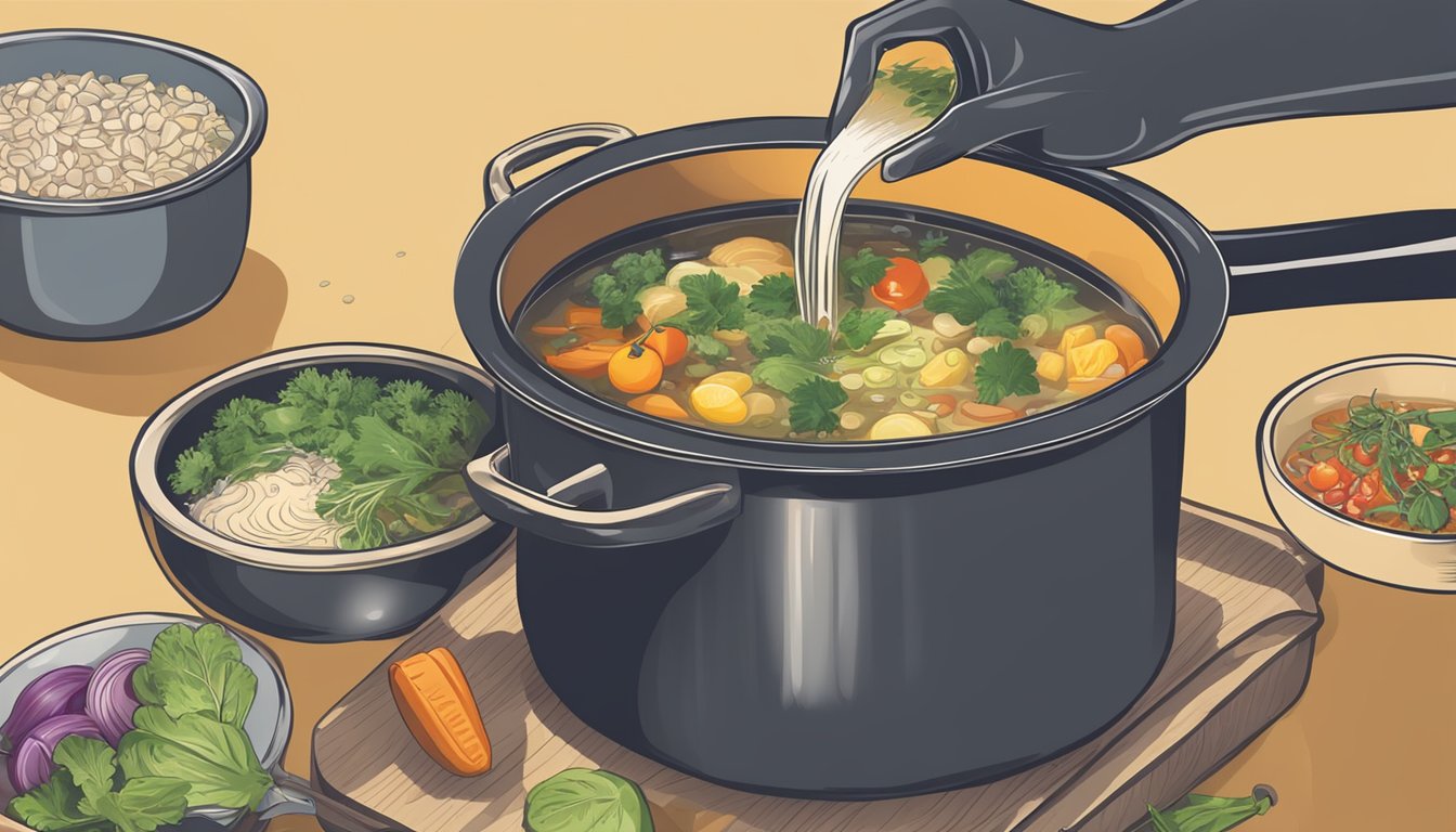 A hand pouring measured ingredients into a pot of simmering soup stock