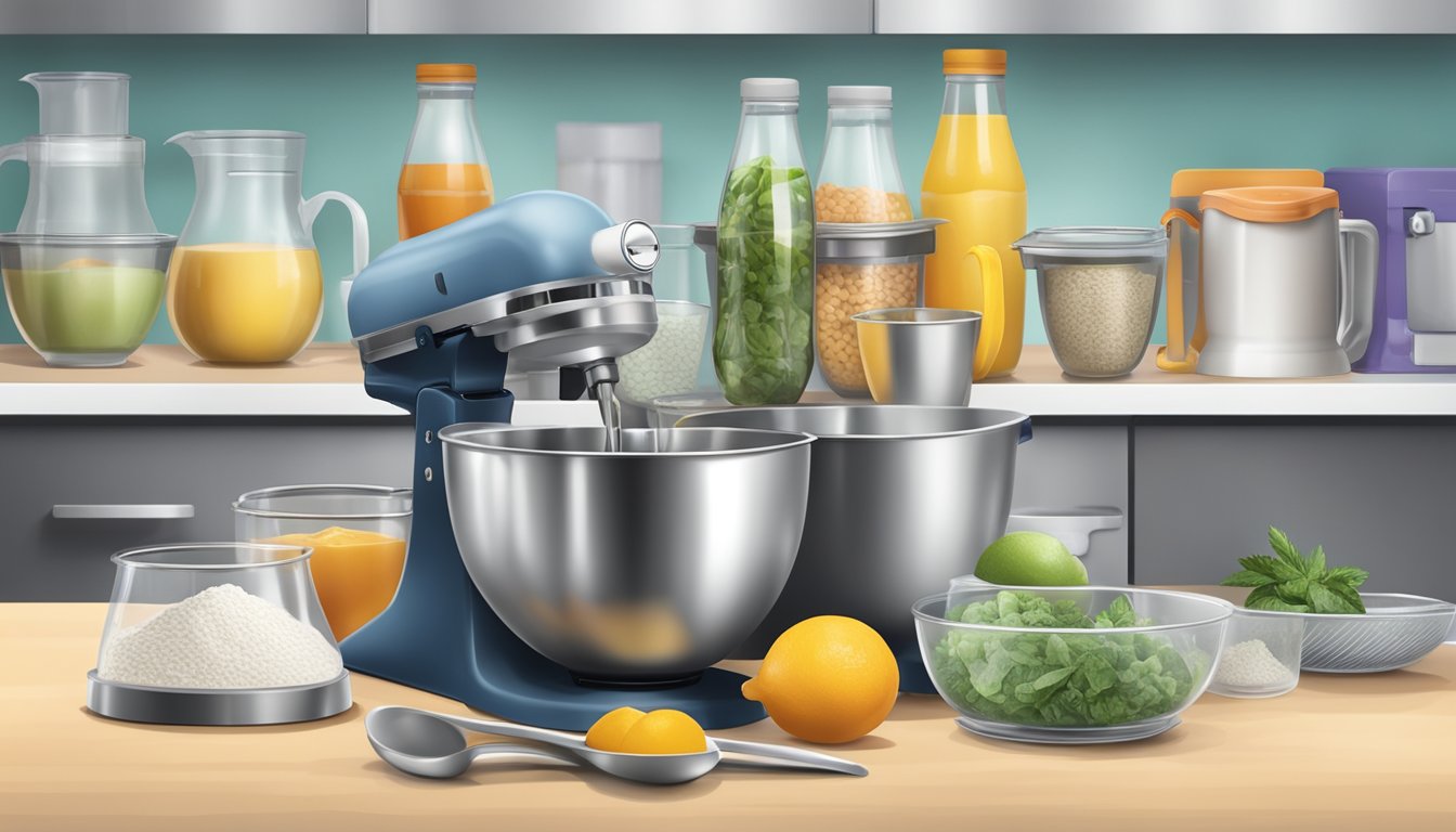 Ingredients being poured into a metal mixing bowl, surrounded by measuring cups and spoons, with a freezer in the background