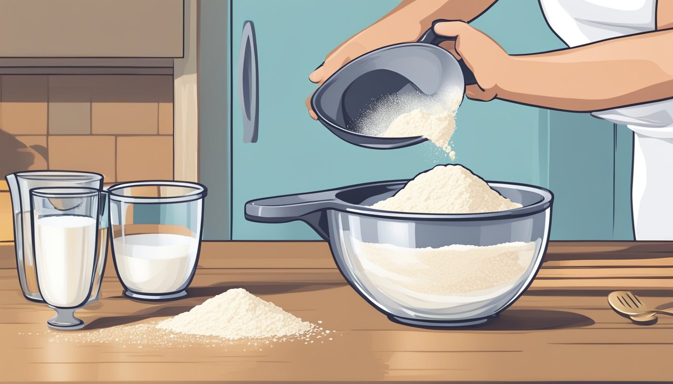 A hand pouring precise amounts of flour, sugar, and baking powder into a mixing bowl, while a measuring cup is used for milk and a spoon for oil