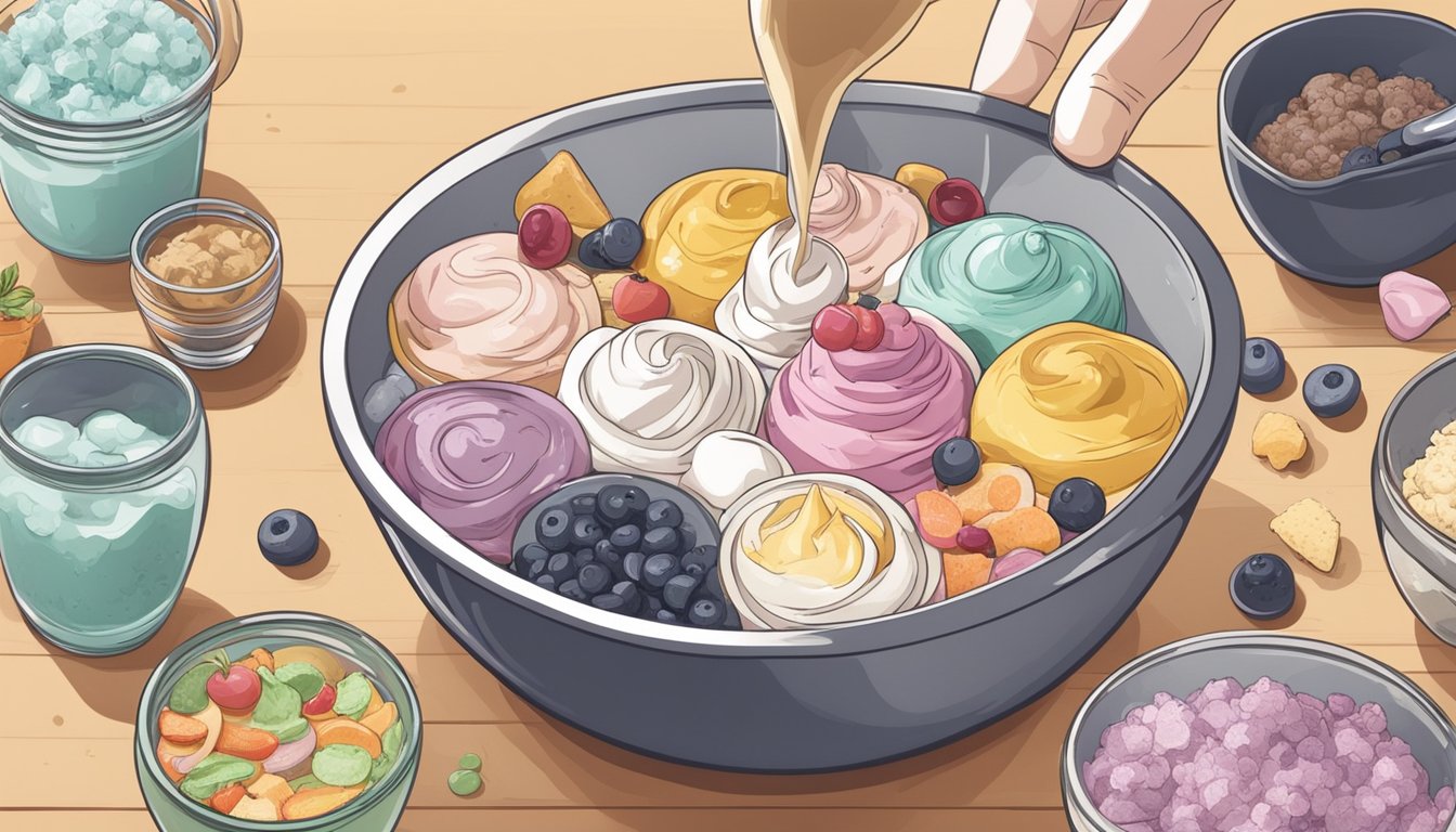 A hand pouring measured ingredients into a mixing bowl surrounded by various toppings and add-ins for homemade ice cream