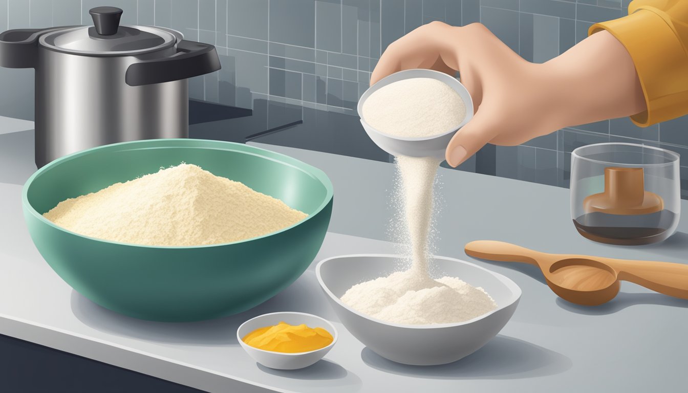 A measuring cup pouring flour into a mixing bowl, with a spoon and various ingredients arranged neatly on a kitchen counter