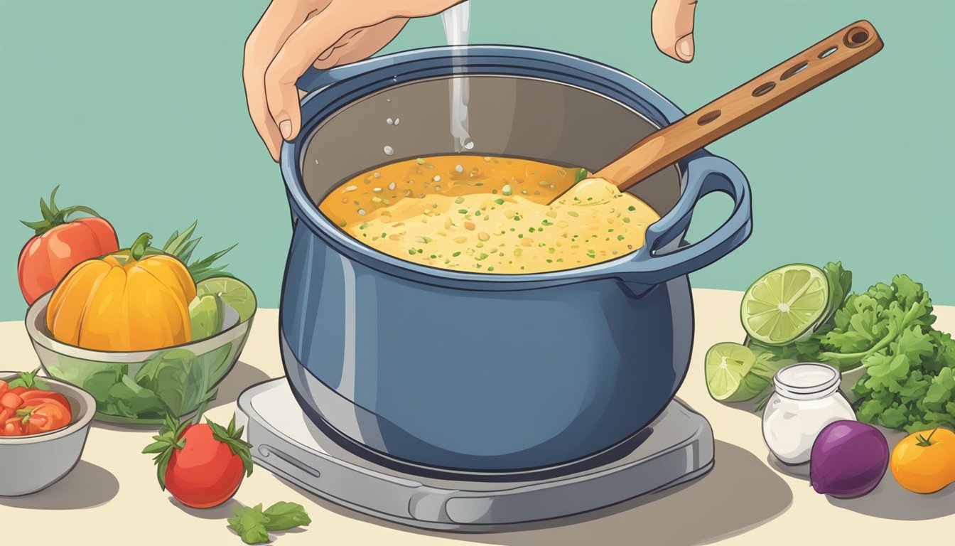 A measuring cup pouring homemade stock into a pot surrounded by various fresh ingredients