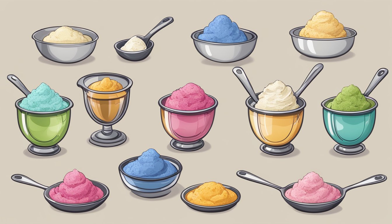 A set of measuring cups and spoons arranged next to various ingredients for homemade ice cream