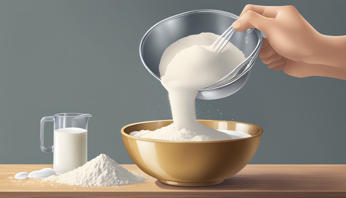 A hand pouring flour and milk into a mixing bowl, with a measuring cup and spoon nearby