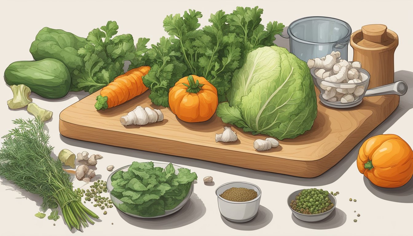 Various leftover vegetables, herbs, and bones arranged on a cutting board. A measuring cup and scale sit nearby for precise ingredient portioning