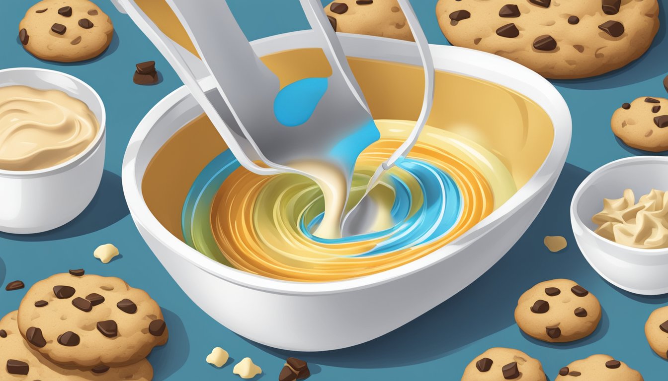 A measuring cup pouring liquid into a mixing bowl of cookie dough ingredients