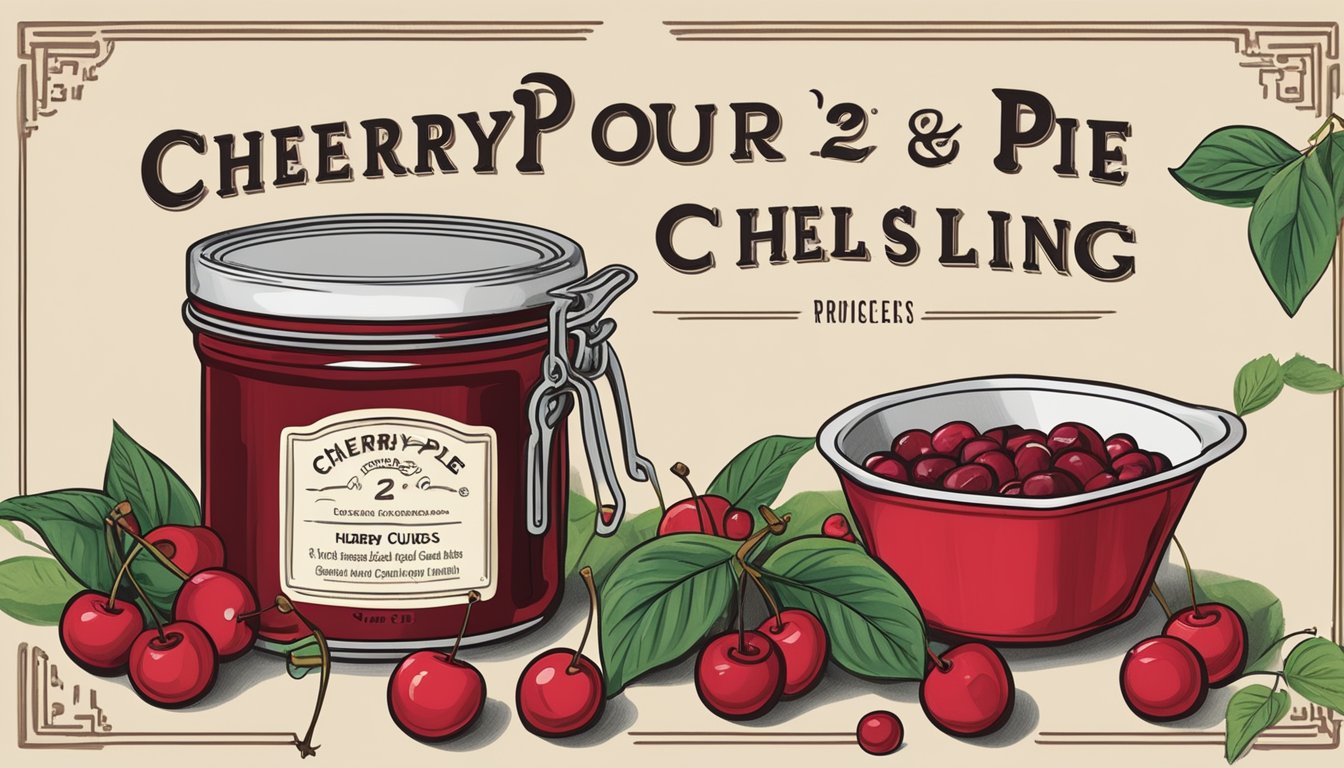 A labeled can of cherry pie filling, surrounded by cherries and a measuring cup, with the label prominently displaying "20 ounces."