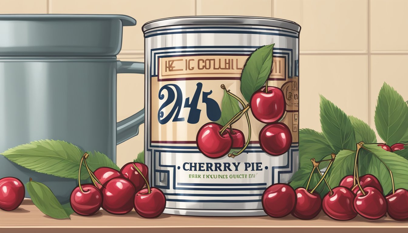 A can of cherry pie filling sits on a kitchen counter, surrounded by fresh cherries and a measuring cup. The label on the can reads "21 ounces."