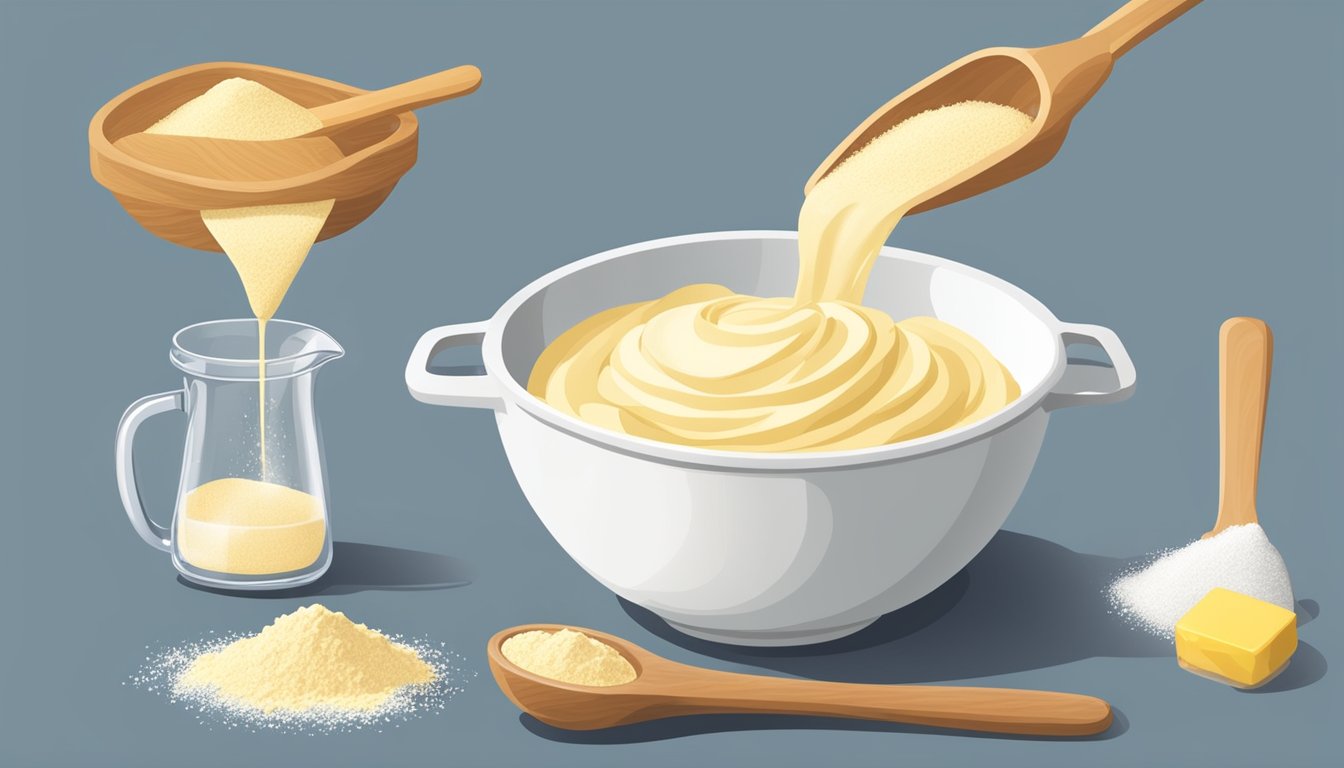 A mixing bowl with flour, sugar, and butter, a measuring cup pouring liquid into the bowl, and a wooden spoon mixing the ingredients