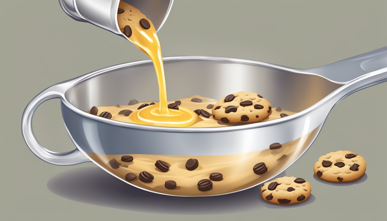 A measuring cup pouring liquid into a mixing bowl of cookie dough