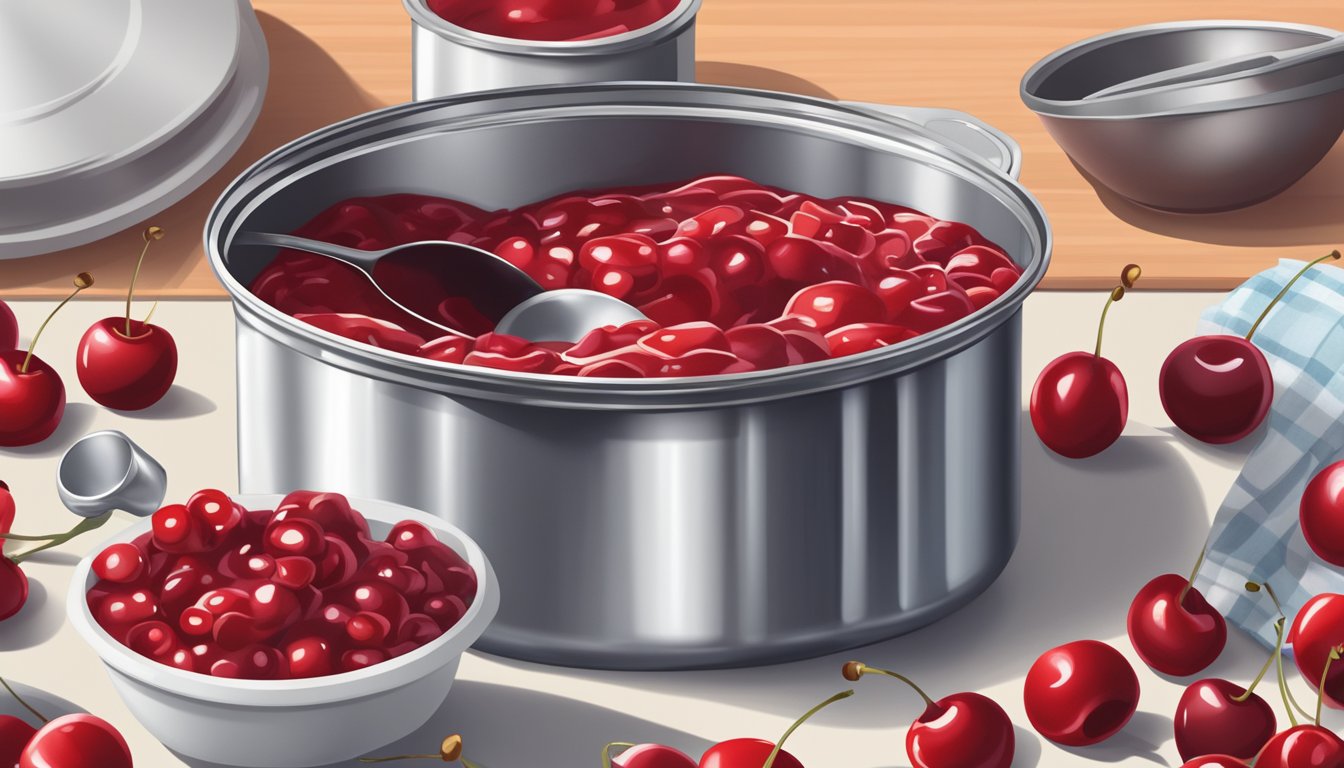 A can of cherry pie filling sits open on a countertop, surrounded by measuring cups and spoons. The vibrant red filling spills out, ready to be used in a recipe