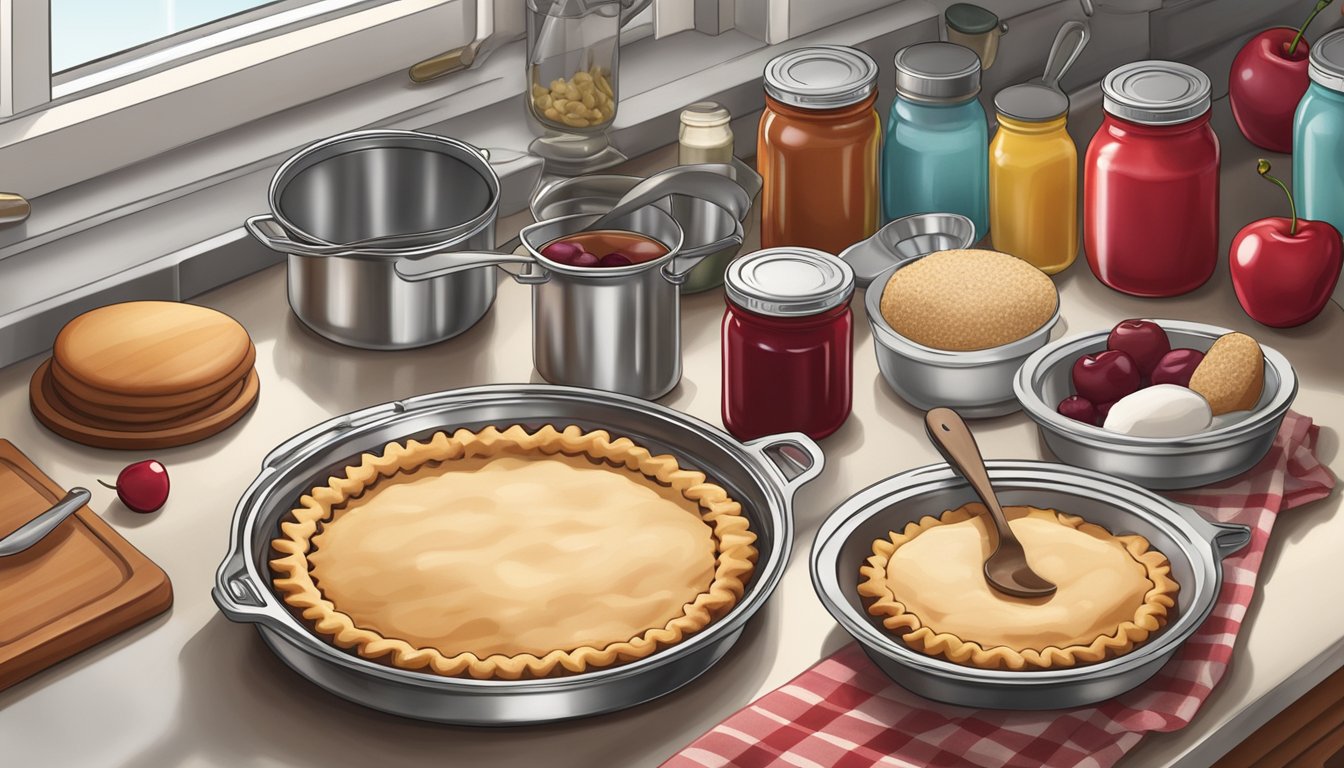 A can of cherry pie filling sits open on a kitchen counter, surrounded by a variety of baking ingredients and utensils