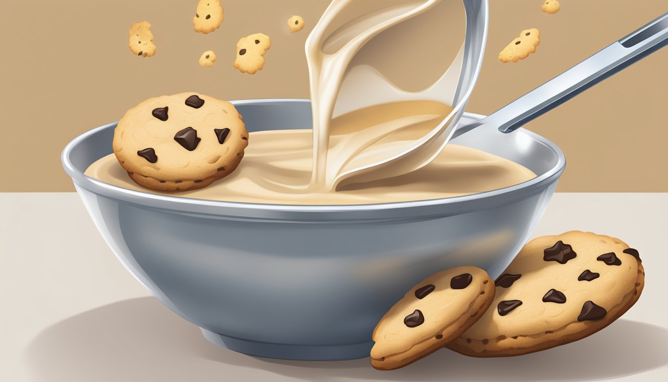 A measuring cup pouring liquid into a mixing bowl of cookie dough