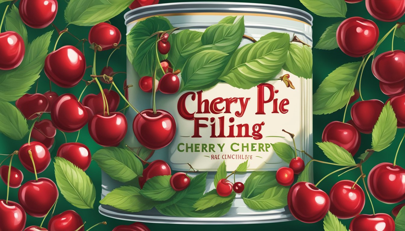 A can of cherry pie filling sits open, oozing with glossy, deep red cherries, surrounded by the vibrant green leaves of a cherry tree