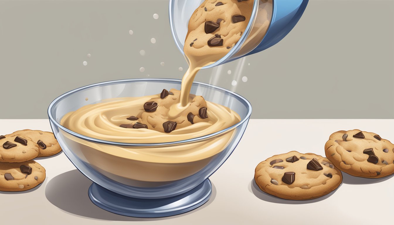 A measuring cup pouring liquid into a mixing bowl of cookie dough