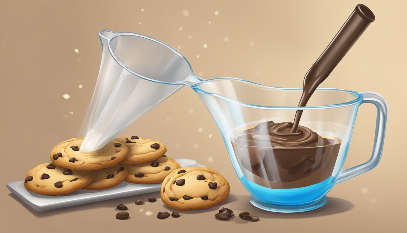 A measuring cup pouring liquid into a mixing bowl of cookie dough