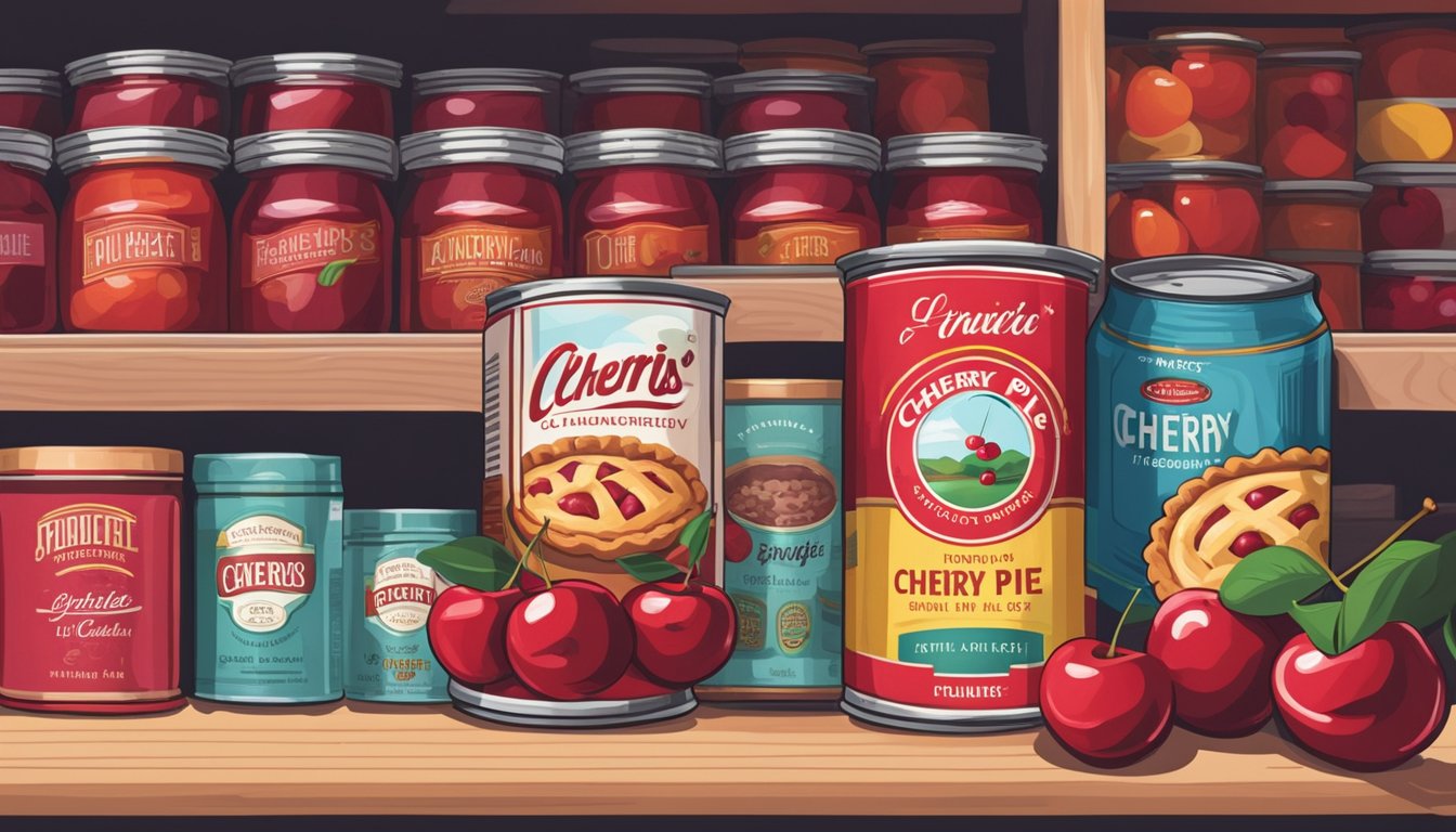 A can of cherry pie filling sits on a pantry shelf, surrounded by other canned goods. The label is colorful and depicts cherries and a slice of pie