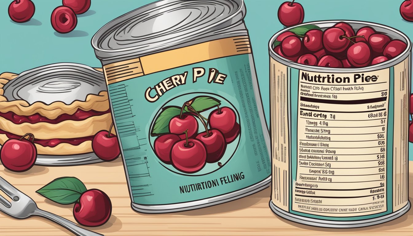 A can of cherry pie filling with a label showing the nutritional information, surrounded by scattered cherries and a pie crust