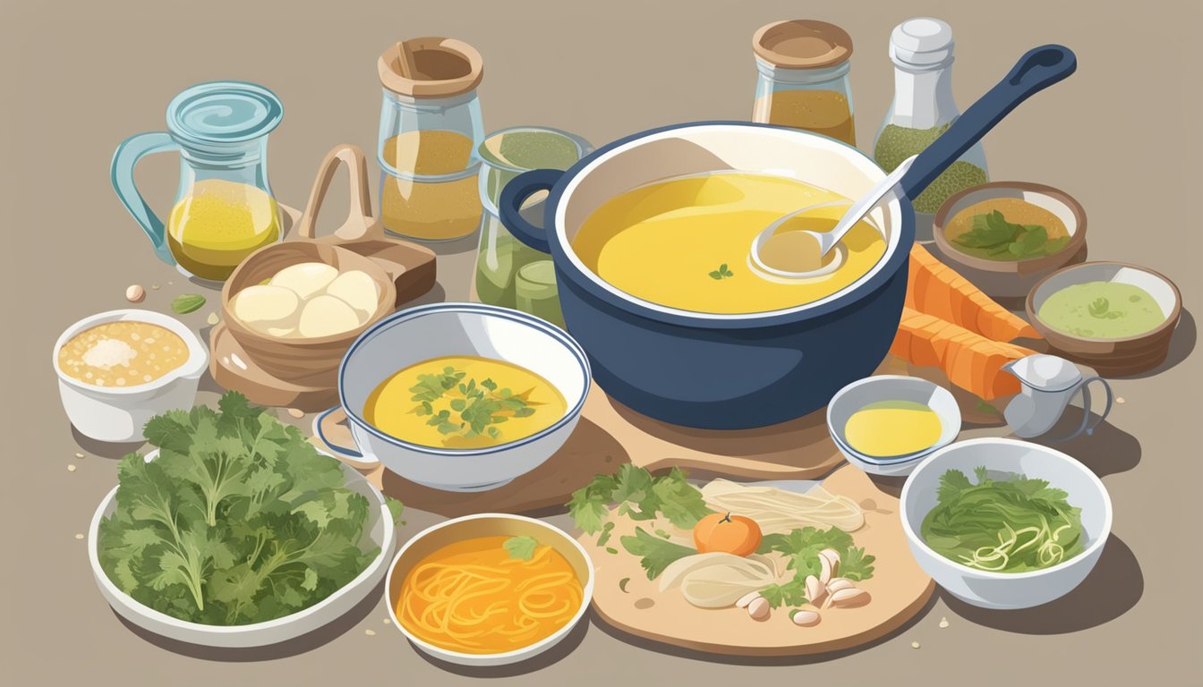 A pot of broth being poured into a measuring cup, with various types of soup ingredients scattered around on a kitchen counter