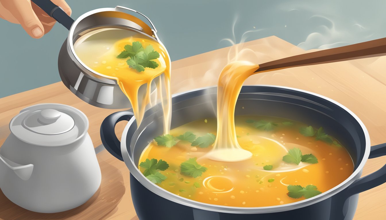 A ladle scooping up the perfect amount of broth from a steaming pot of soup