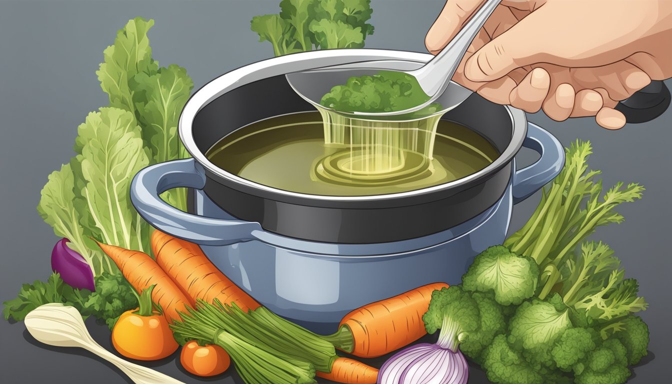 A measuring cup pouring broth into a pot of vegetables