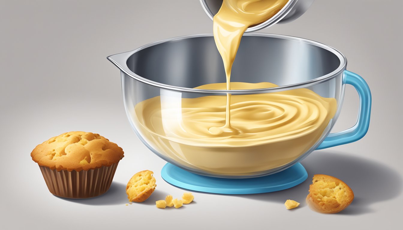 A measuring cup pouring liquid into a mixing bowl of muffin batter