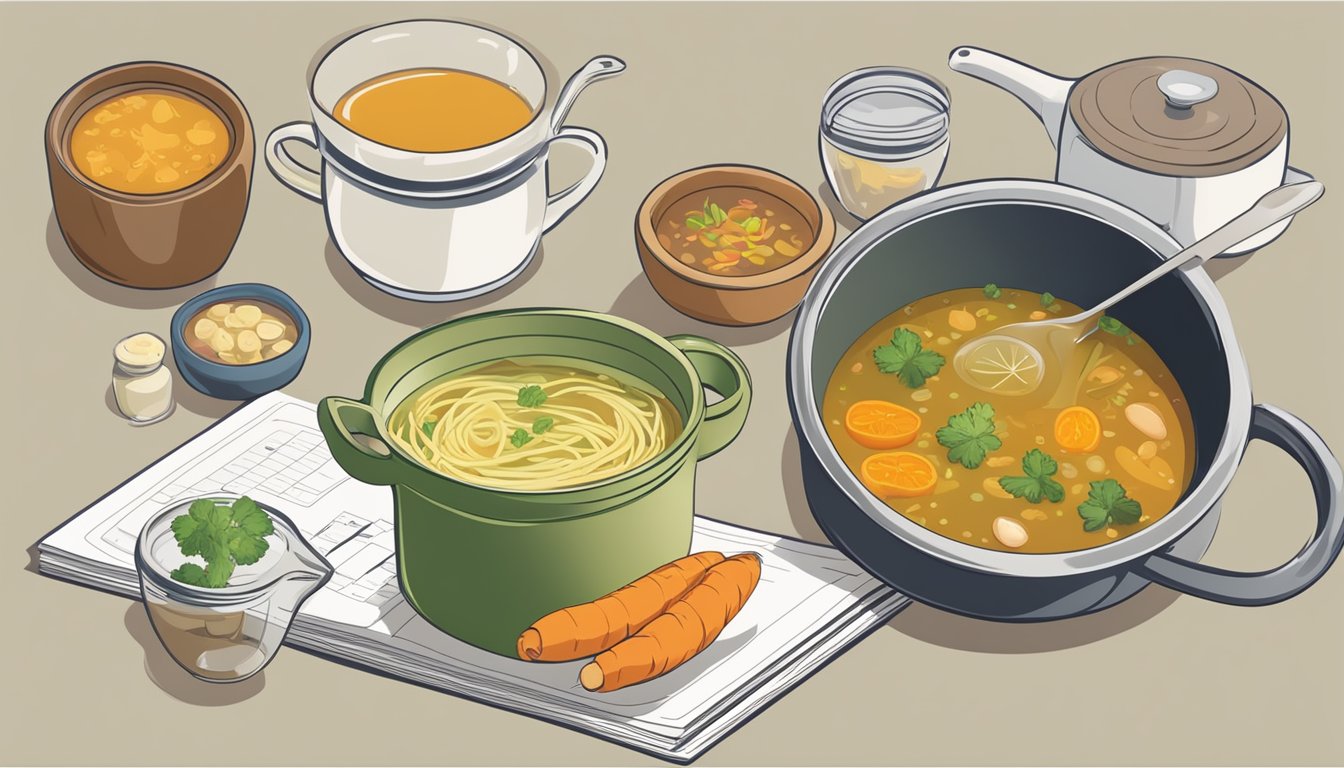 A pot of simmering soup with a measuring cup pouring broth into it, surrounded by various ingredients and a calculator for cost considerations