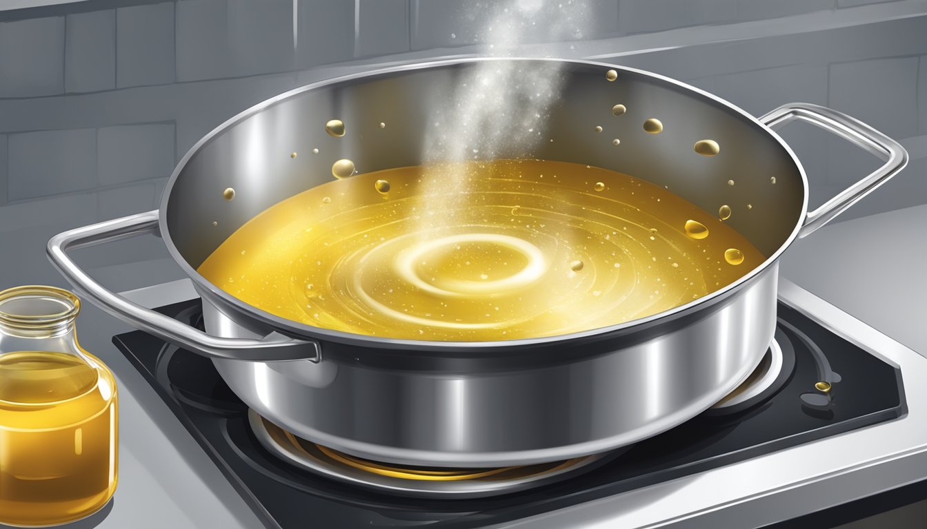 A large pot filled with bubbling oil on a stovetop, a metal kitchen tool hovering above to measure the depth