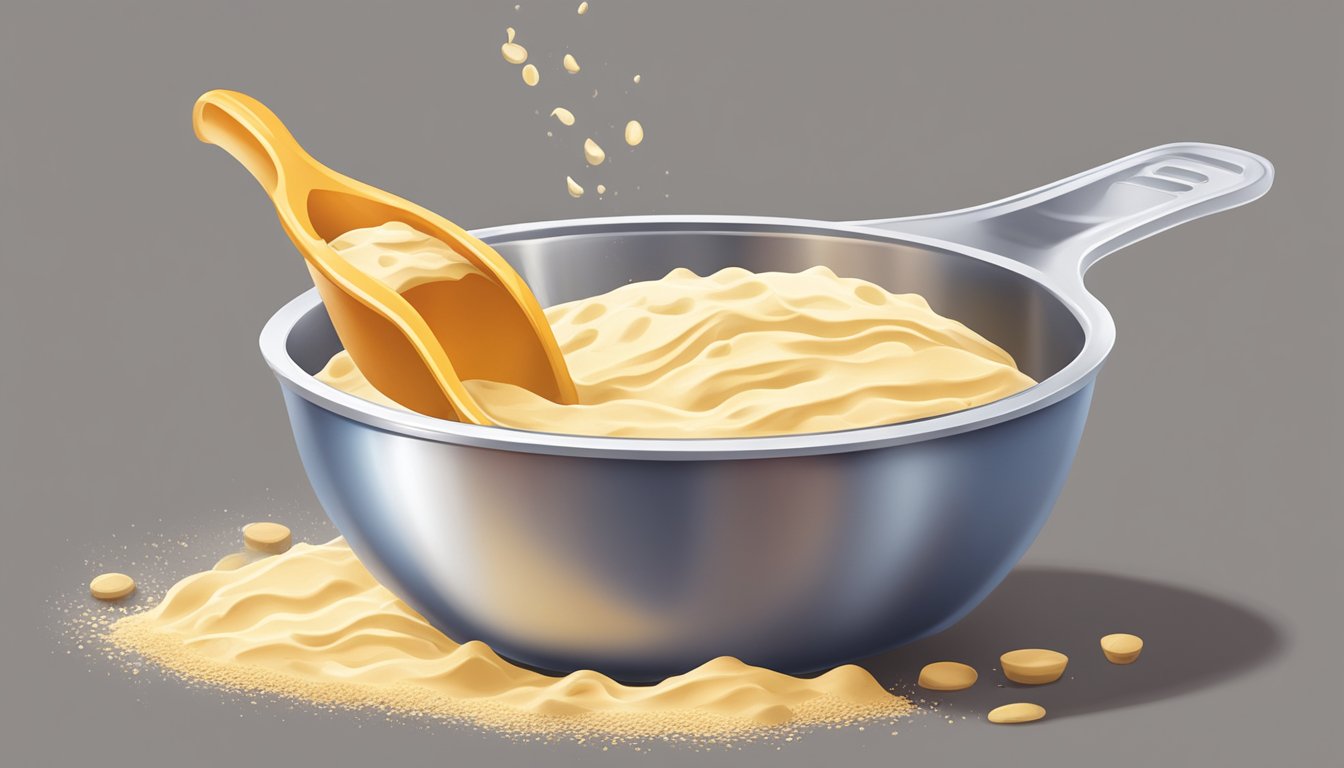 A measuring cup pouring liquid into a mixing bowl of dry ingredients for muffin batter