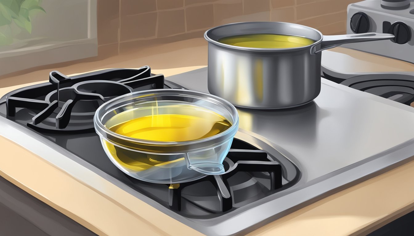 A clear measuring cup filled with oil next to a pot of hot oil on a stove