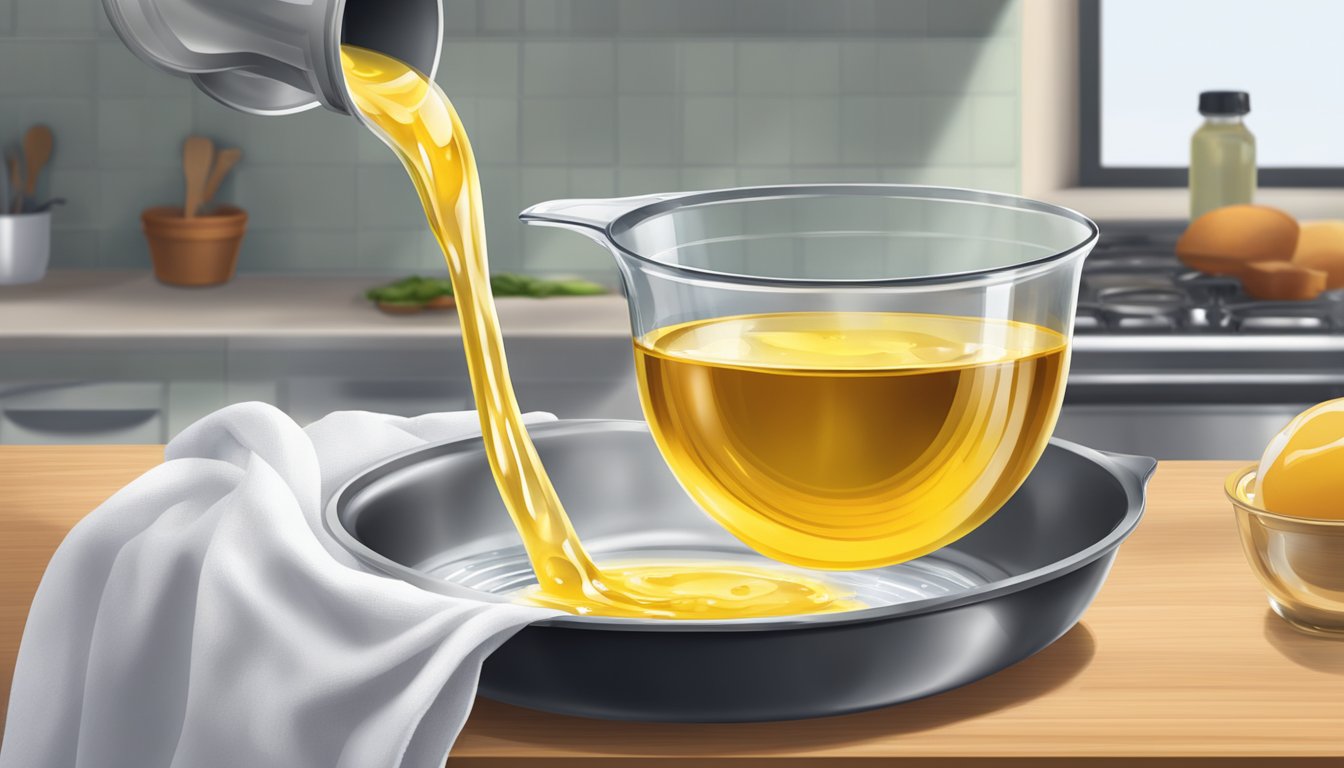 A clear measuring cup pouring oil into a pot of hot frying oil, with a kitchen towel nearby for any spills