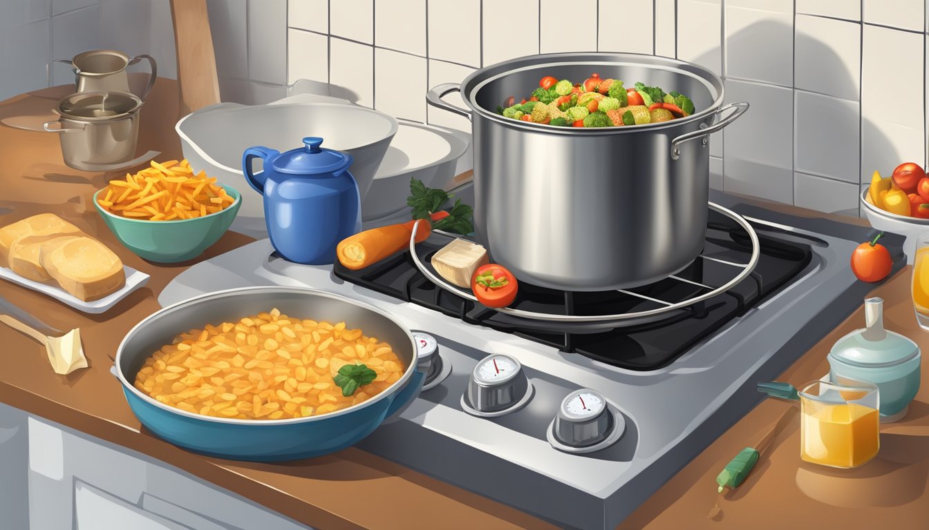 A large pot on a stove with a thermometer in the oil, a measuring cup, and various food items nearby for deep frying