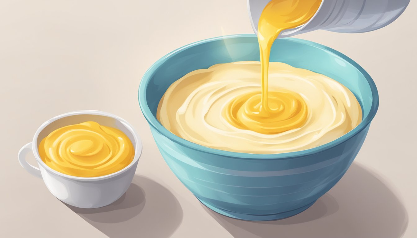 A measuring cup pouring liquid into a mixing bowl with a cake batter recipe nearby