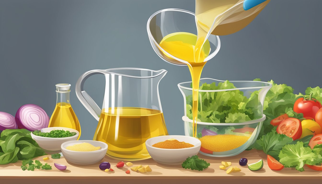 A clear glass measuring cup filled with golden oil pouring into a small bowl with a measuring spoon next to it. A colorful array of fresh salad ingredients in the background