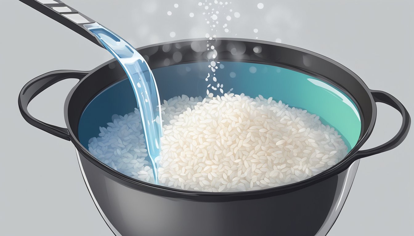 A measuring cup pouring water into a pot of rice, with steam rising from the pot